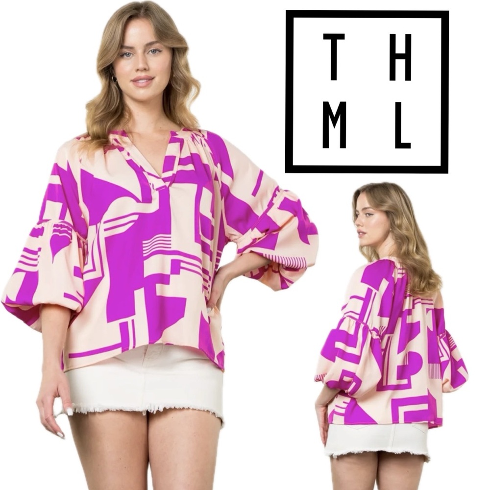 NWT THML Zola Abstract Geometric Print Magenta Pink & Cream Puff Sleeve Top - M